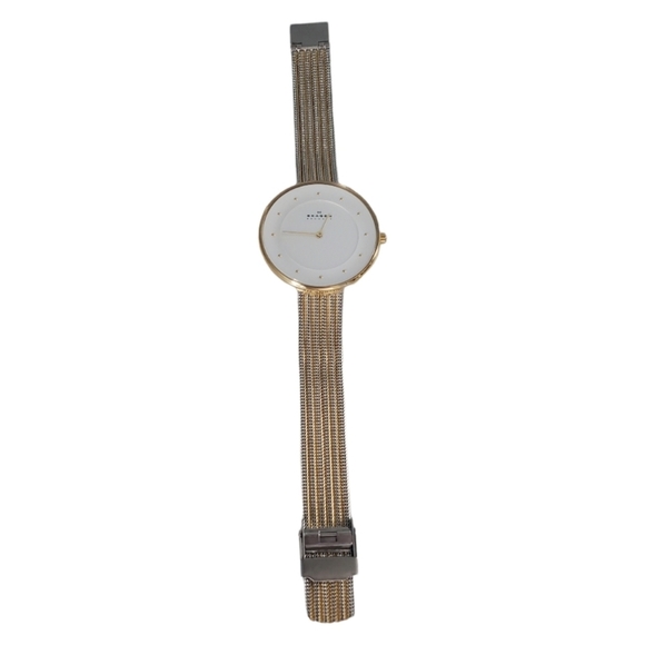 Skagen Denmark Two Toned Silvertone and Goldtone Large White Faced Watch